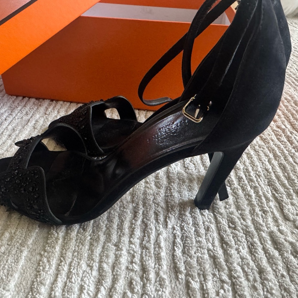 Hermes Black Suede Crystal 'H' Ankle-Strap Heels - Picture 2 of 4